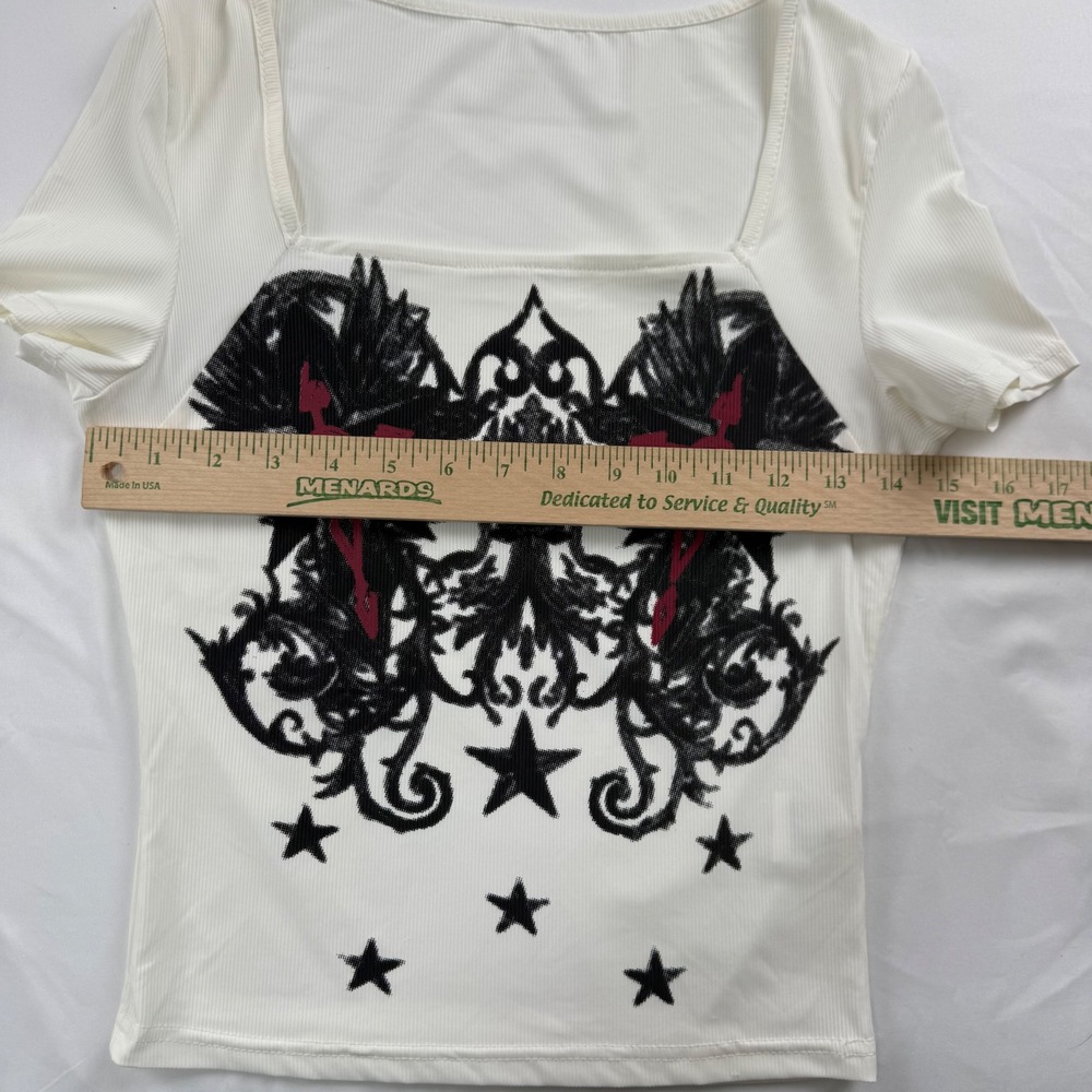 Women White Ribbed Gothic Graphic Square Neck Short Sleeve Top Size M Mall Y2K - Picture 2 of 7
